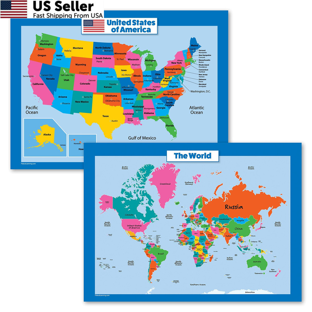 World Map and USA for Kids – 2 Poster Set – LAMINATED 18 x 24,