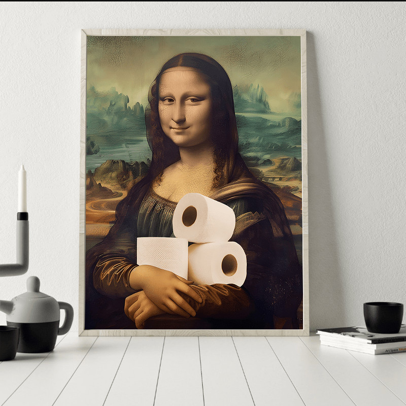 Framed Funny Mona Lisa Toilet Paper Canvas Print Humorous Bathroom Wall Decor