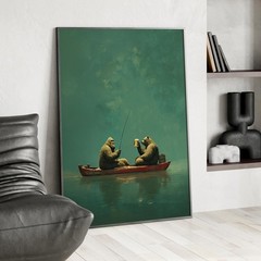 Bigfoot & Grizzly Canoe Poster | Retro Whimsical Animal Lake House Wall Art