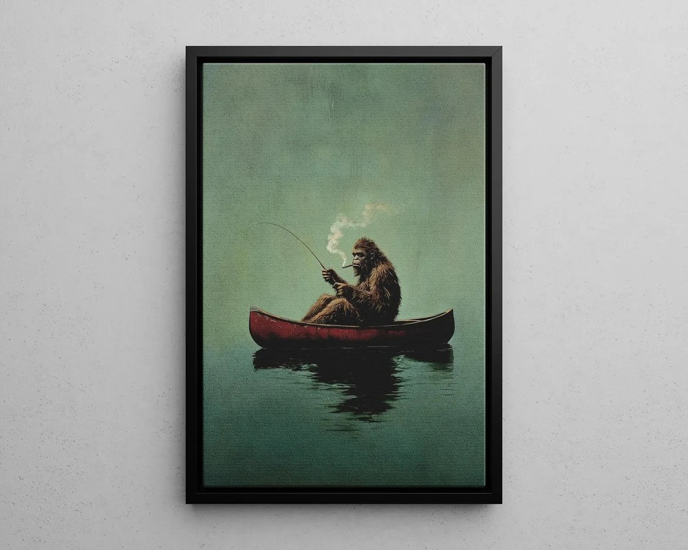 βigfΩot Canoe Fishing Poster Retro $asquaτch Wall Art