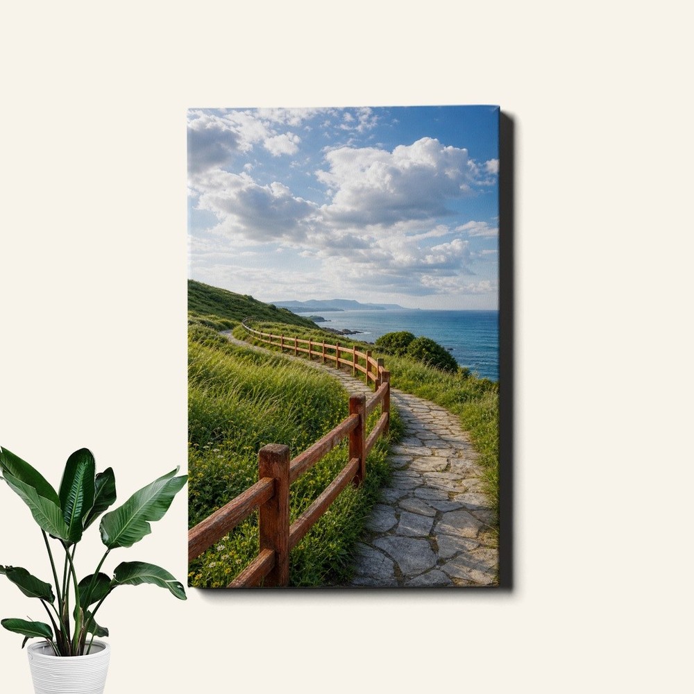 Coastal Path Canvas Art Ocean View Green Hills Cloudy Sky