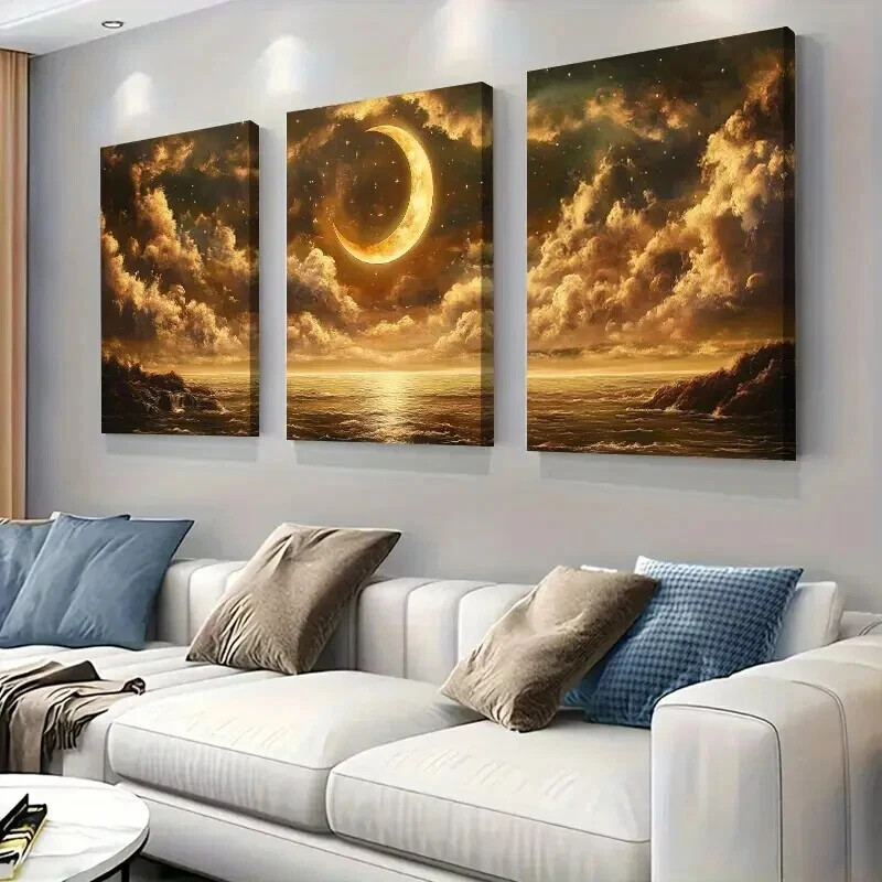 3pcs Golden Moon & Star Reflecting on Stormy Sea Wall Art Canvas Framed 50x70cm