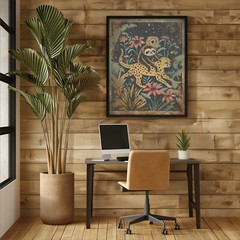SLOTH CHEETAH Flower Friends Wall Art, Leopard Celestial Poster, Botanical Decor