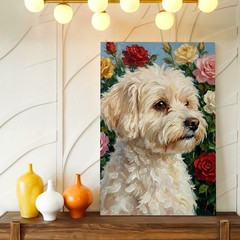 Wall Art White Dog Portrait with Roses Floral Oil Painting Style Canvas Print