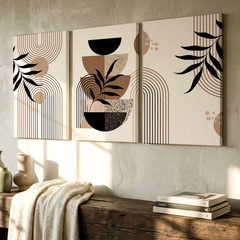 3 Pieces Modern Abstract Geometric Botanical Neutral Large Wall Art Set Of 3