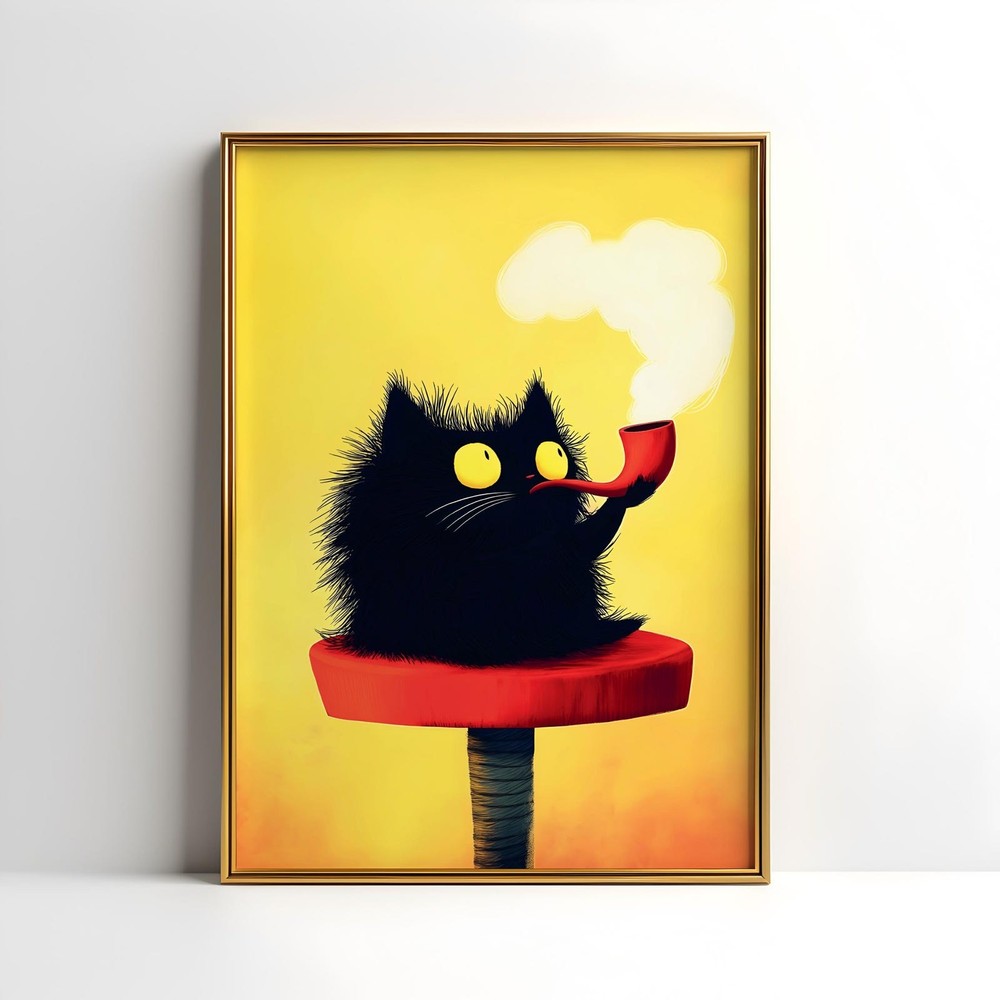 Funny Black Cat Art Print Whimsical Playful Pet Poster Cat Lover Gift Decor