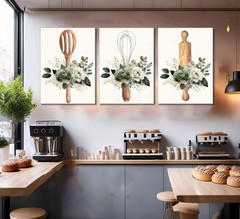 3 Pcs Sage Green Farmhouse Kitchen Canvas Wall Art Minimalist Dining Room pla…