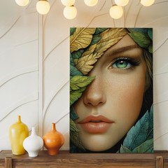 Green Eyed Woman Face With Gold And Green Leaves Canvas Wall Art Decor Art Print