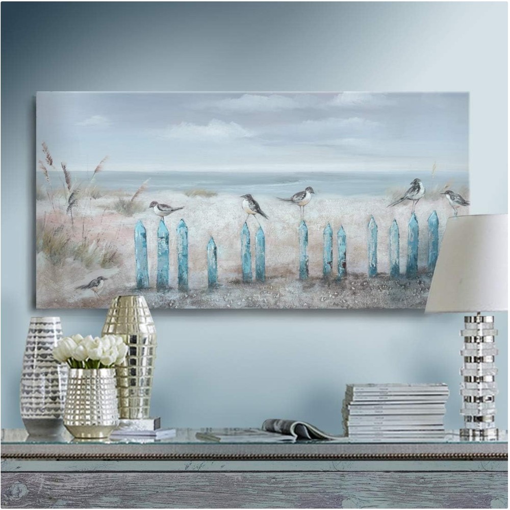 Framed 32» Seabird Oil Painting – Ocean Beach Wall Decor for Living Spaces