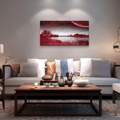 Red Lakes and Trees Landscape Canvas Painting Poster Prints,DIY Framed 24″x48″
