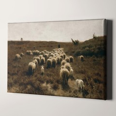 A Shepherd and his Flock Sheep Lamb Landscape Painting Canvas Print Wall Art