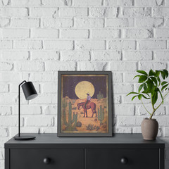 Vintage WESTERN COWBOY MOON Wall Art, Celestial Americana Desert Cactus Decor