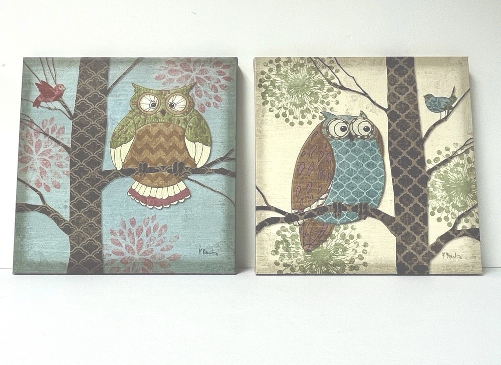 P. Brent Fantasy Owls Canvas Prints Pair 2 Wall Art 12”x12”x1” Birds Whimsical