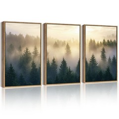 Misty Nordic Forests Framed Wall Art 16x24in Nature Fog Pine Tree Morden Pain…