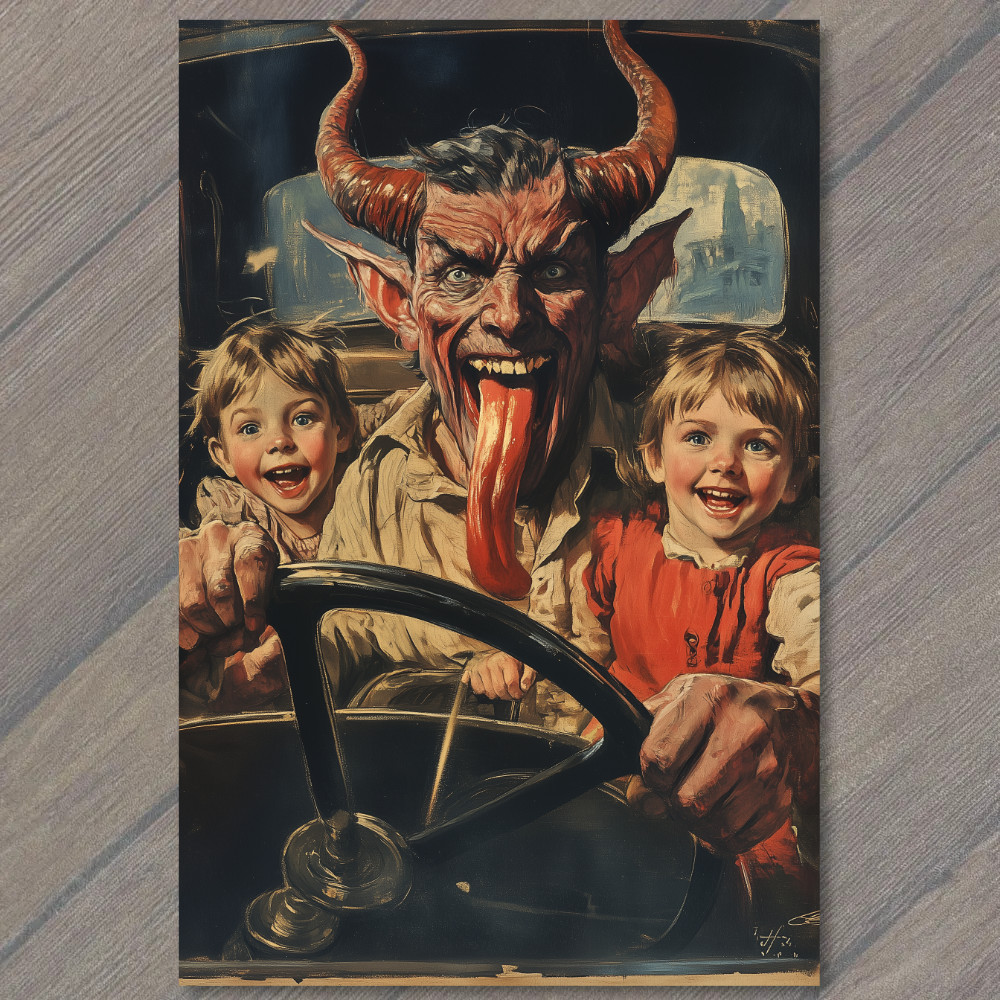 Art Print Devil Driving Family Fun Chaos Humor Children Artwork Retro Scene