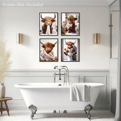 4Pcs Funny Highland Cow Wall Art Pictures, Rustic Cow Canvas Prints for Bathr