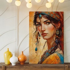 Boho Woman Portrait Canvas Wall Art Orange Turban Jewelry Print Decor Wall Home