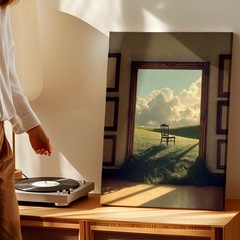 Wall Art Surreal Landscape Print Chair in Open Frame Meadow Clouds Poster Print
