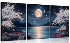 3 piezas de lienzo con diseño de flor de cerezo, luna y lago, arte pared 12 x 16