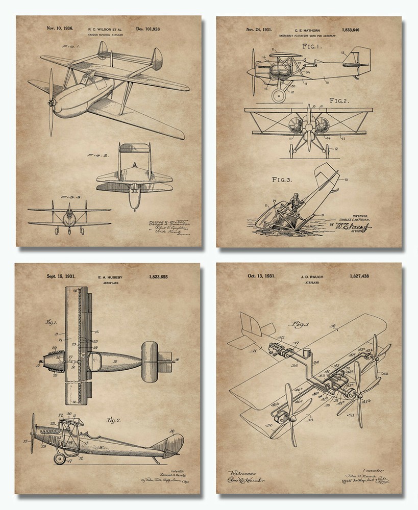 4 Biplanes Patent Wall Art Prints Aviation -8″x10″- Great Pilot Gifts Bi Plane