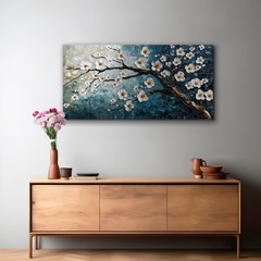crmotu Plum Blossom Wall Art, Japanese Flower Canvas Large Artwork, Teal Blue…