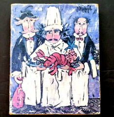 Joanna CHEF’S SPECIAL Lobster Dinner Signed Artwork Mounted on Burlap & Wood Art
