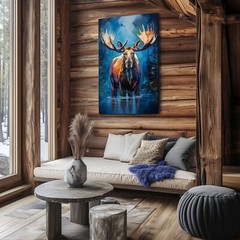 Colorful Moose Oil Painting Print Canvas Wall Art Wildlife Animals Lodge Decor