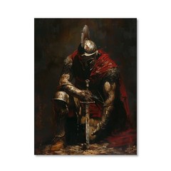 Kneeling Roman Warrior Vintage Oil Framed Canvas, Masculine Man Cave Decor