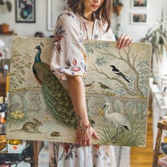 Vintage canvas wall art featuring peacock wildlife birds rabbit and crane scene