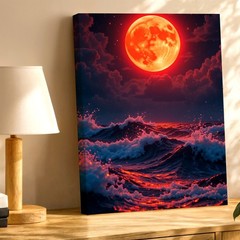 Wall Art Red Full Moon Ocean Waves Night Sky Seascape Canvas Print Modern Decor