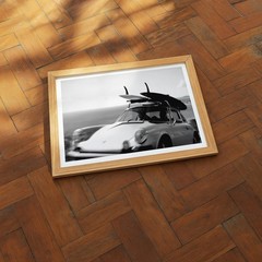 Vintage Surf Car Coastal Drive Black and White Retro Wall Art Print