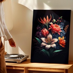 Wall Art Floral Bouquet Print Dark Background Orange Lily Peony Blue Flowers