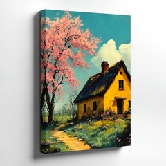 Wall Art Yellow Cottage Painting Pink Blossom Tree Landscape Rustic Home Decor