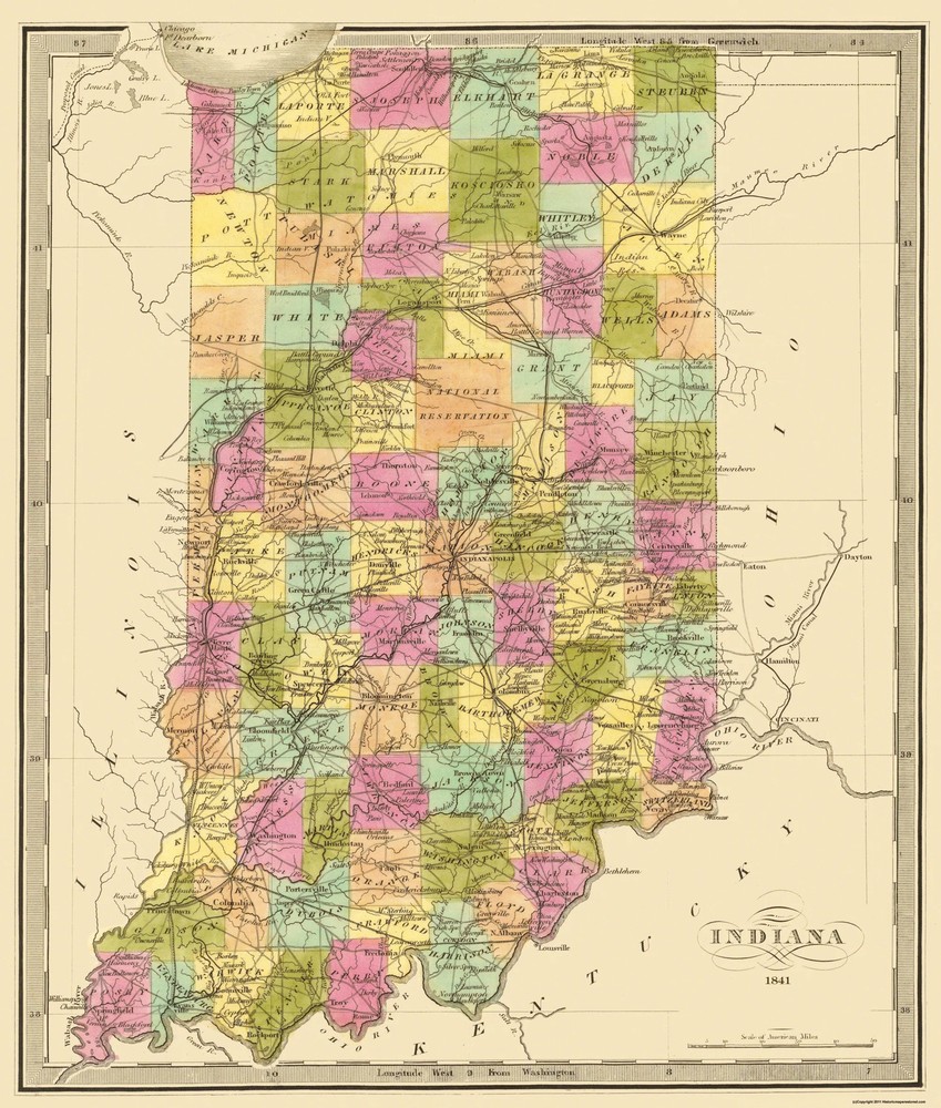 Historic State Map – Indiana – 1841 – Vintage Wall Art