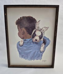 Vintage Framed Art Print Boy Holding Boston Terrier Rustic Wood Griffin MCM