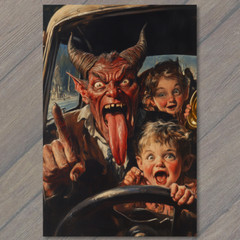 Art Print Devil Driving Family Fun Chaos Humor Children Artwork Retro Scene