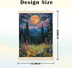 Boho Floral Moonlit Forest Mountain Wall Art Poster, Mountain Wall Decor, Waterc