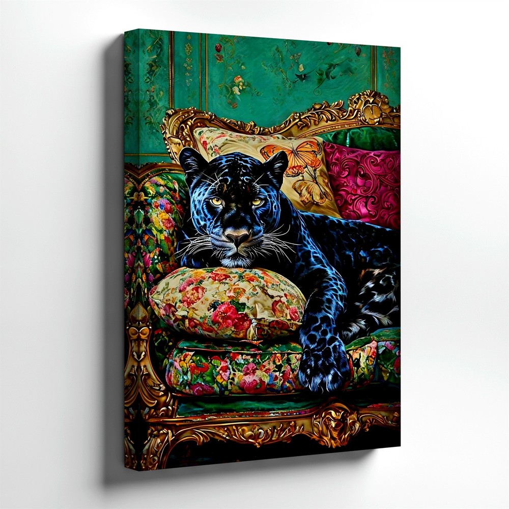 Wall Art Black Panther on Ornate Floral Sofa Canvas Print Home Decor Poster