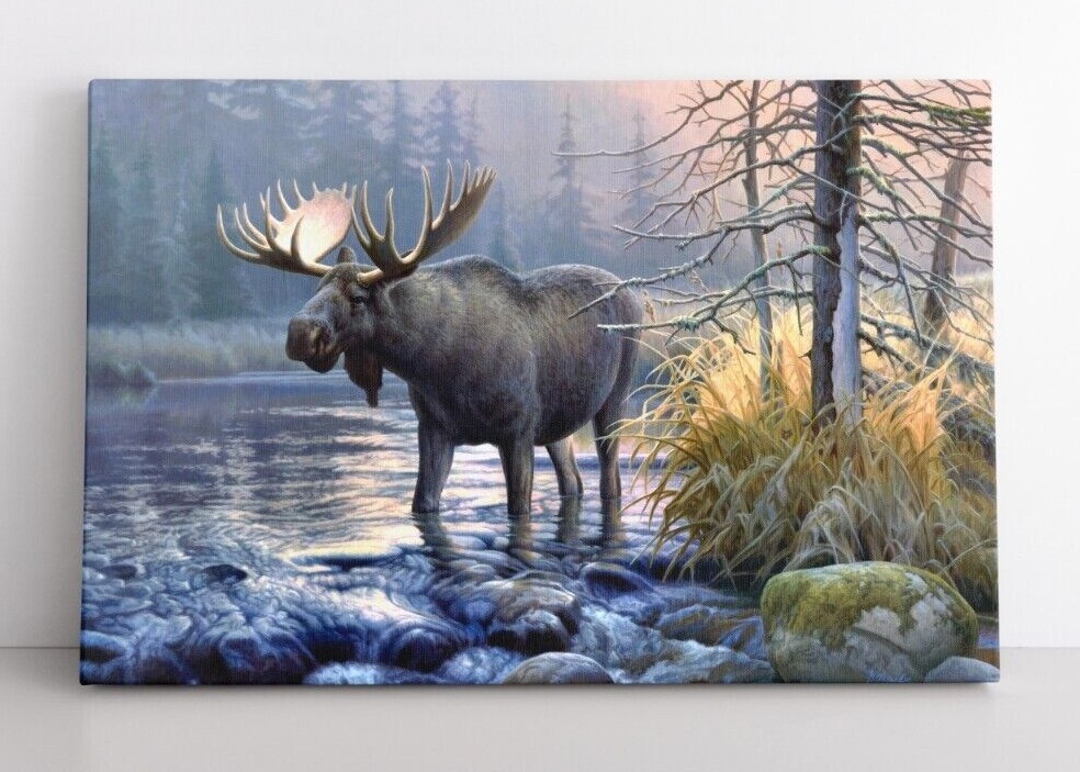 Moose Painting Print on Canvas Wall Art Wildlife Vintage Animals Cabin Decor