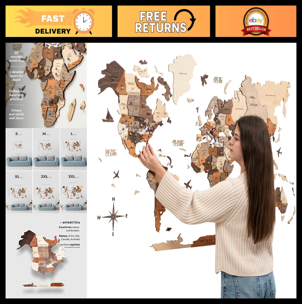 Large 3D Wooden World Map Wall Art – Travel Map with Pins for Home Decor, Gift