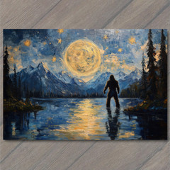 Art Print Bigfoot Under Starry Sky Majestic Night Scene Lake Forest Mountains