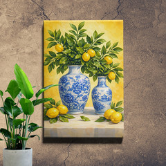 Lemon Still Life Canvas Art with blue and white porcelain vases bright decor
