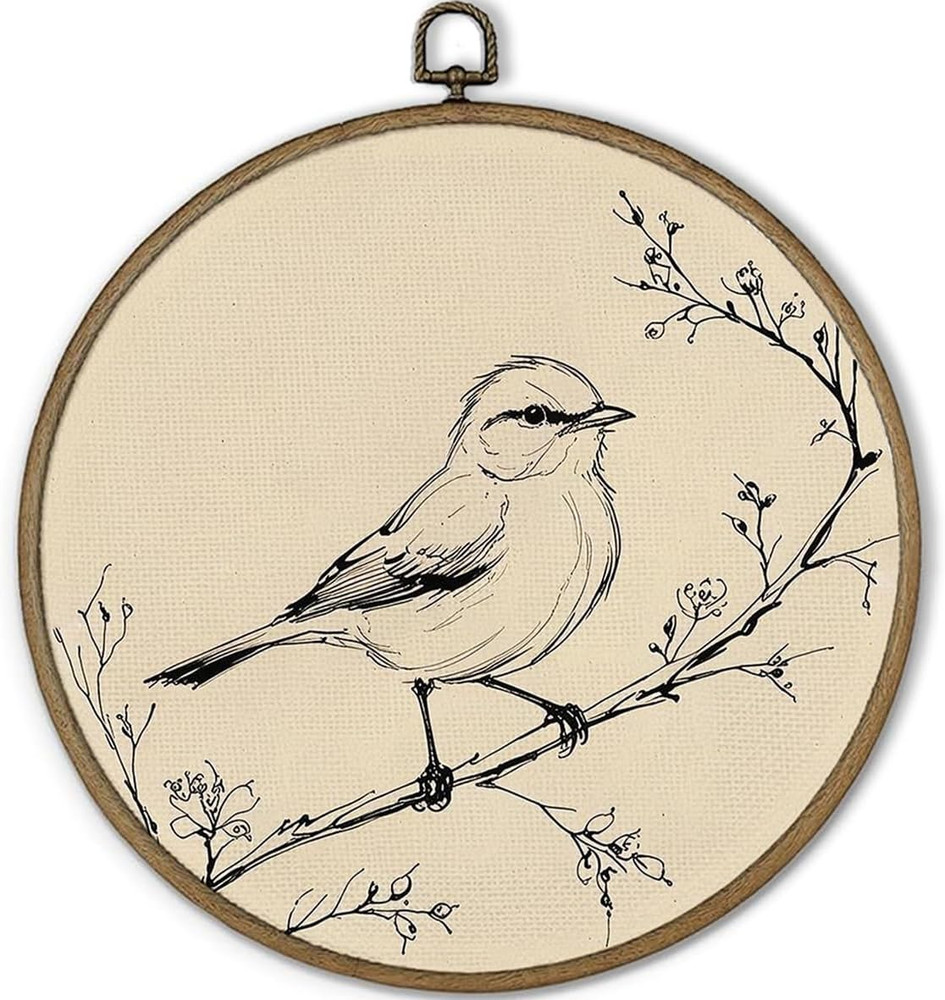 Vintage Bird Sketch round Framed Wall Art Decor Cottagecore Bird Sketch Canvas A
