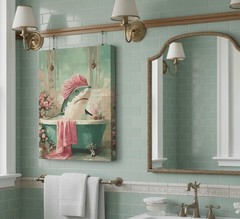 Funny Bathroom Canvas Wall Art Eclectic Shark in Bathtub Poster Print