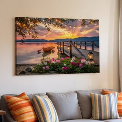 Sunset Lake Canvas Wall Art with Pier Boat Lanterns Flowers & String Lights