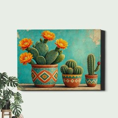 Cactus in patterned pot Canvas Art folk art style plant painting illustration