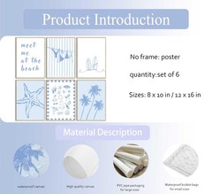 6Pcs Blue Coastal Wall Art Coastal Granddaughter Preppy Aesthetics Picture Wa…