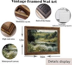 Vintage Gold Framed River Wall Art Green Nature Landscape Canvas Prints Rusti…