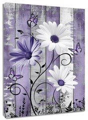 Farmhouse Daisy Floral Wall Art for Living Room, Purple Flower Butterfly Canv…