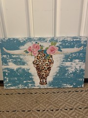 Longhorn Skull Floral Print, Pink Roses Leopard Pattern on Blue Background